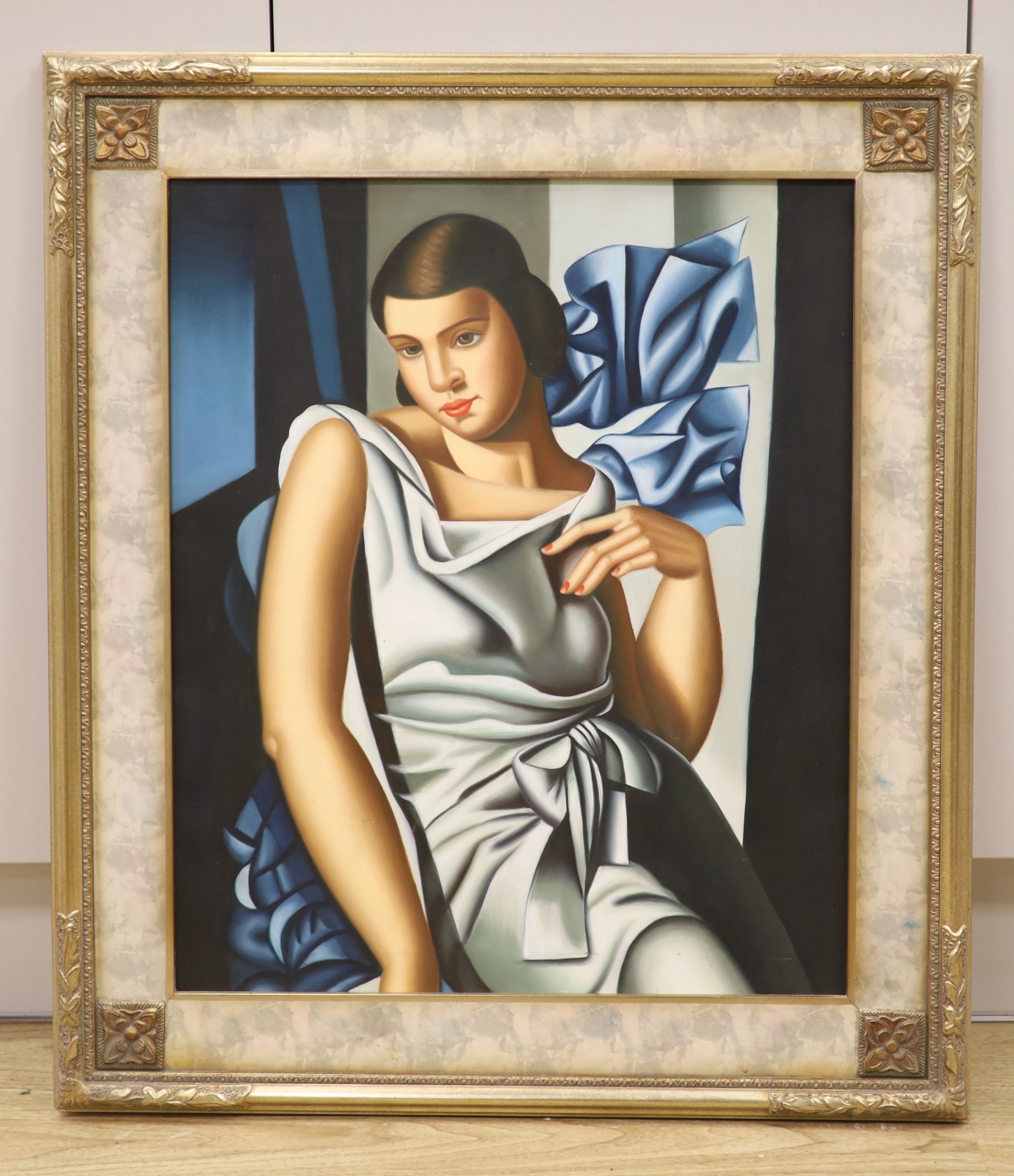 After Tamara de Lempicka, oil on canvas, Woman in a silver dress, 59 x 49cm